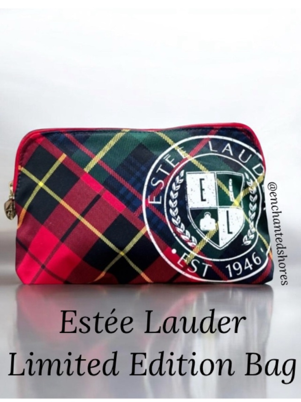 Estée Lauder Cosmetic Bag Limited Edition Tartan Plaid Luxe 1946 Crest Red Black